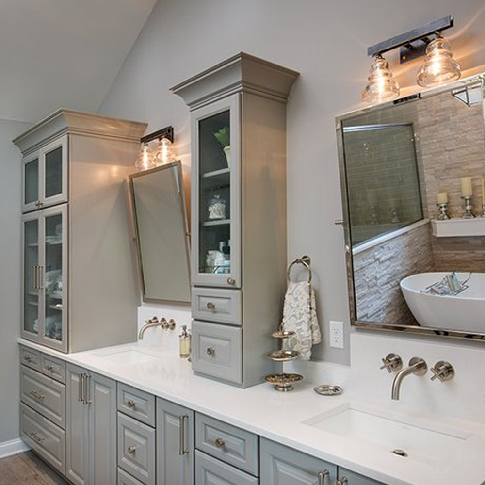 Bathroom vanity with wall faucets in backsplash