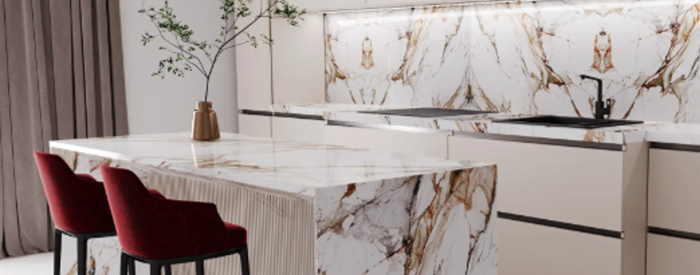 porcelain countertop fabrication with mitered edge detail