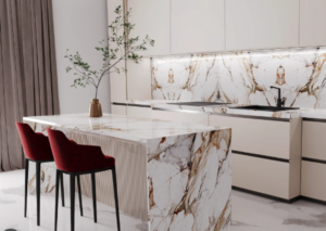 porcelain countertop fabrication with mitered edge detail