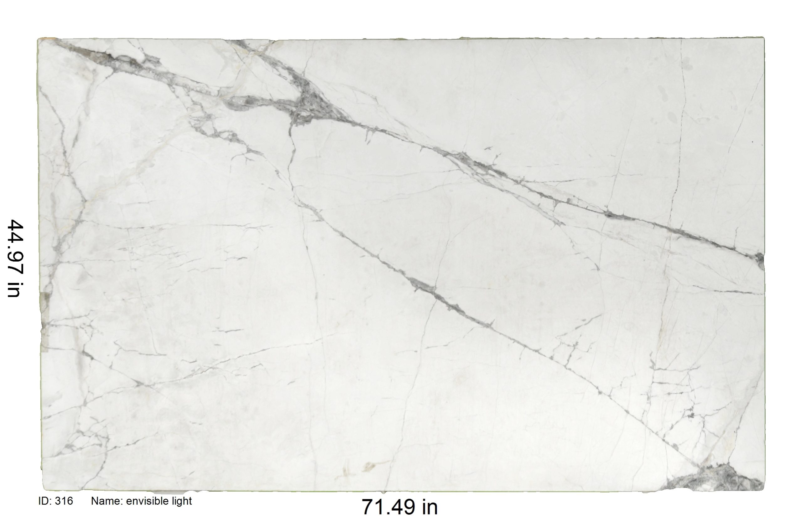 White Marble with Heavy Grey Veining<br />
ID: 316<br />
Name Envisible Light<br />
Size 44.97x71.49