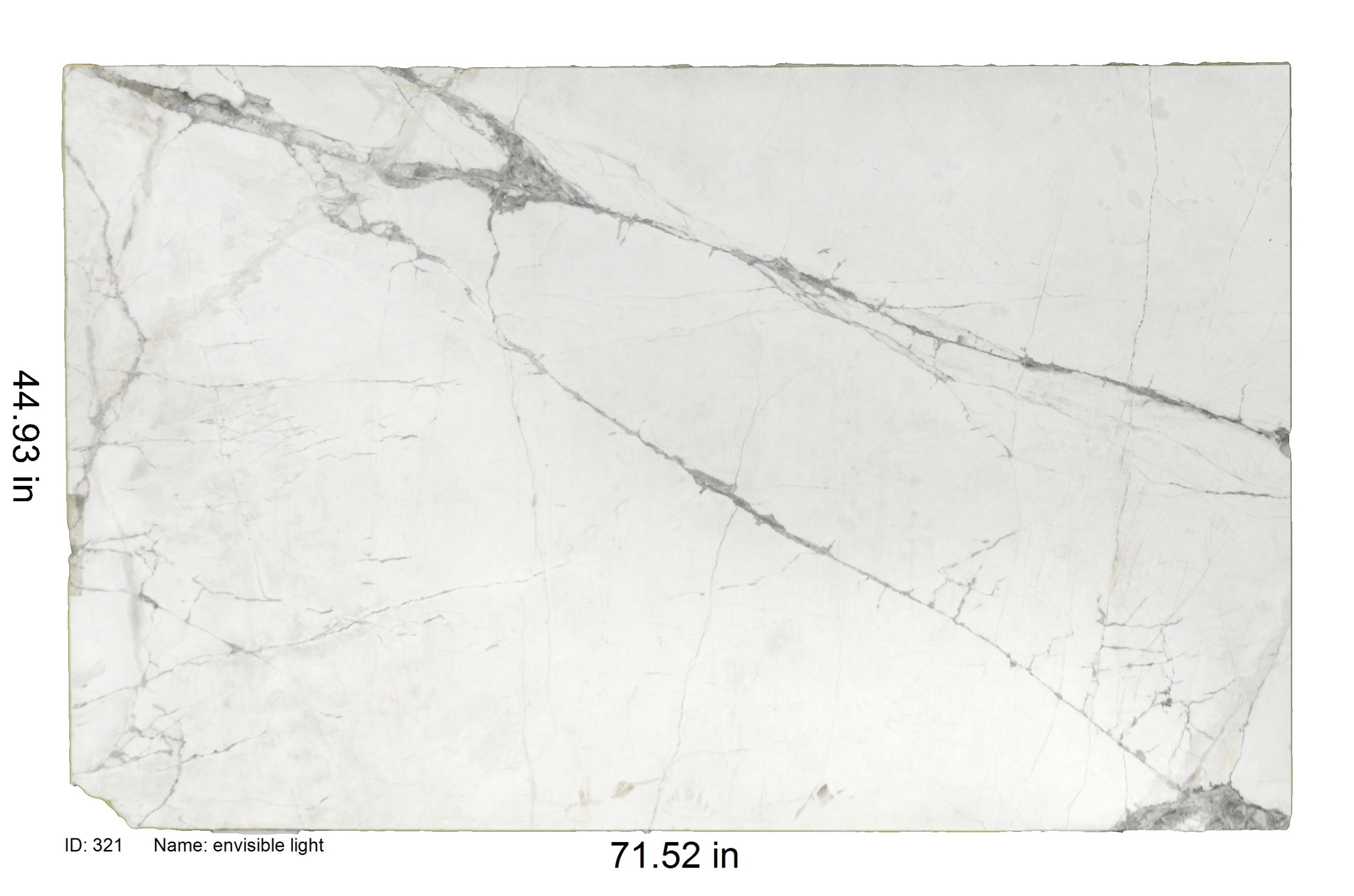 White Marble With Heavy Grey Veining<br />
ID: 321<br />
Name: Envisible Light<br />
Size: 44.93x71.52