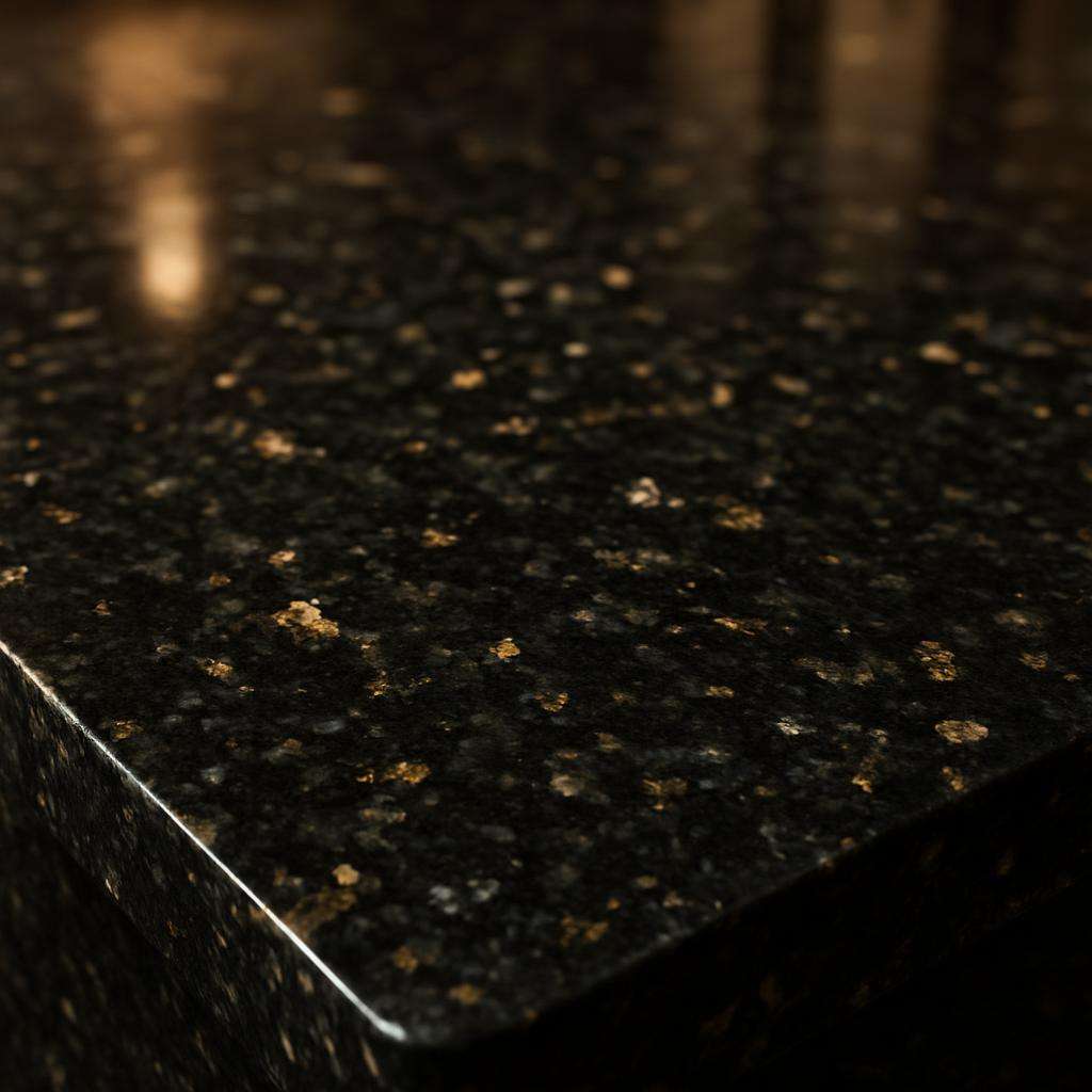 Polished black granite countertop surface detail
