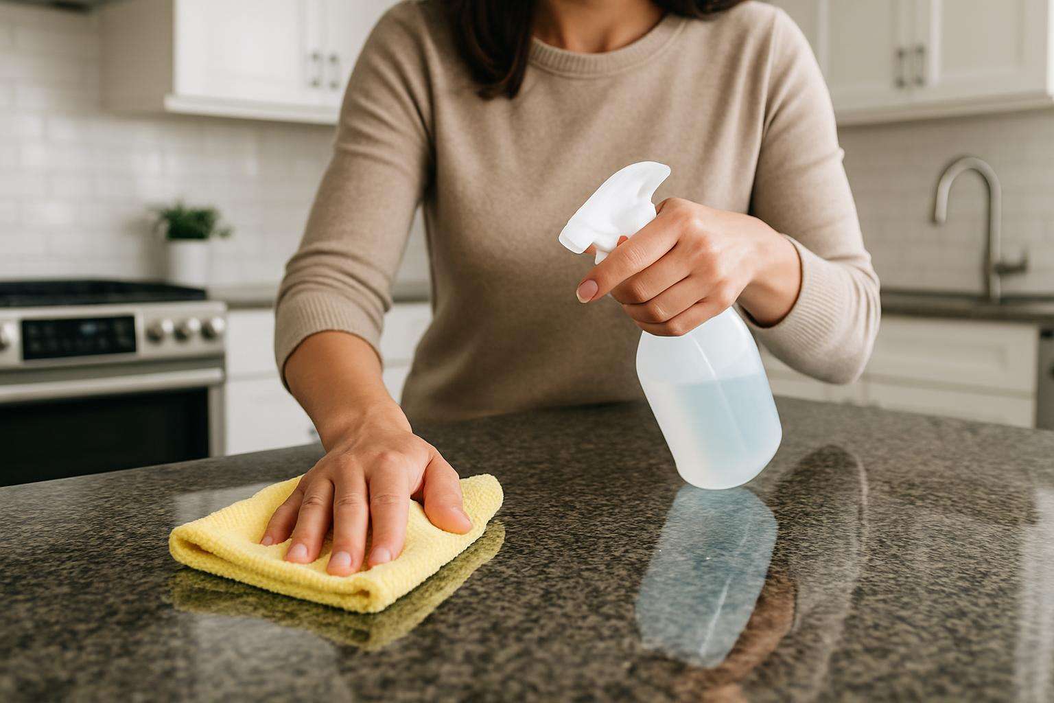 Homeowner carefully cleaning a polished granite countertop with a soft microfiber cloth