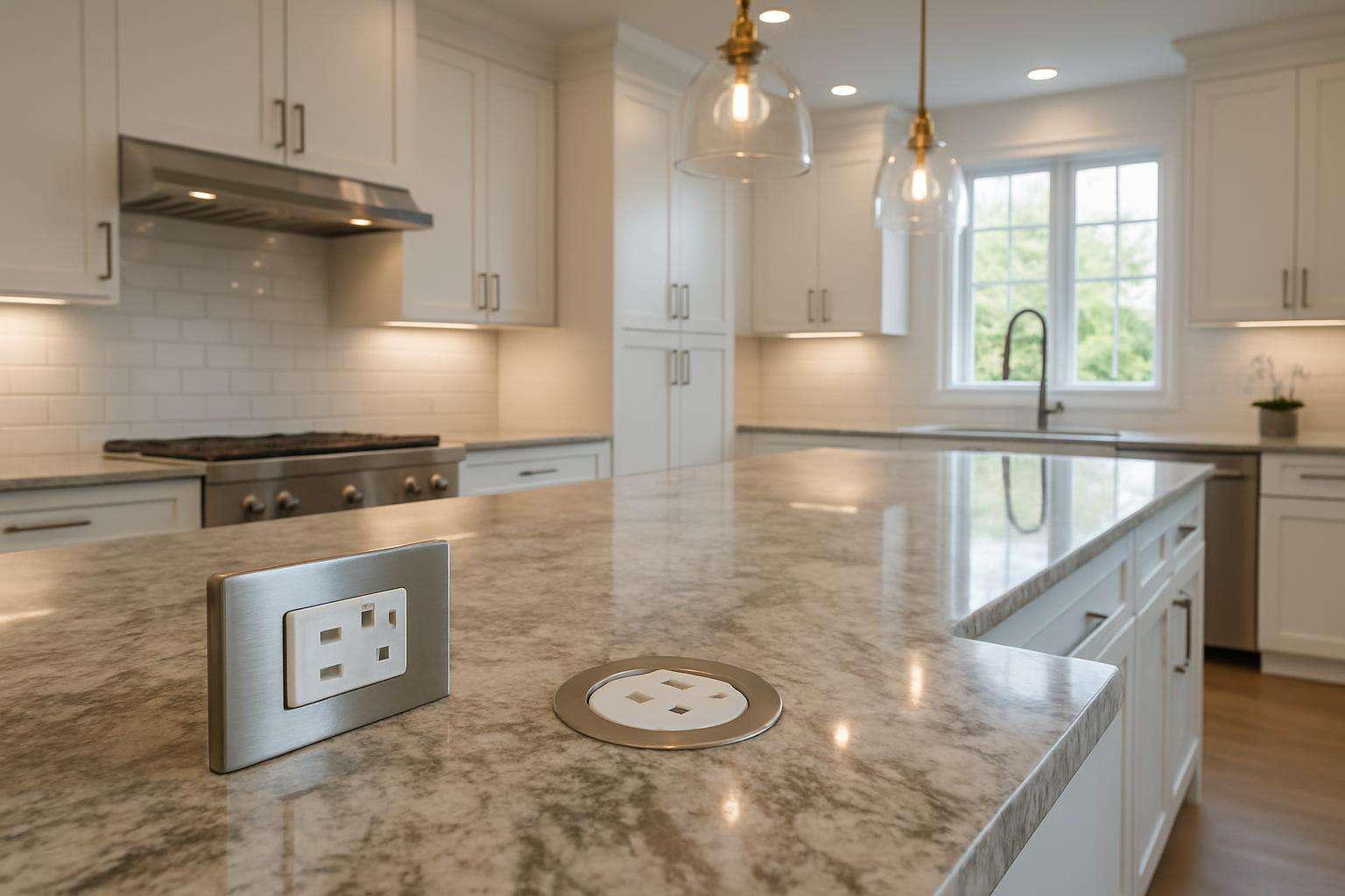 Pop-up countertop outlet in a luxury kitchen island stone surface