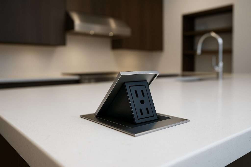 Minimalist pop-up outlet flush mounted in a kitchen countertop