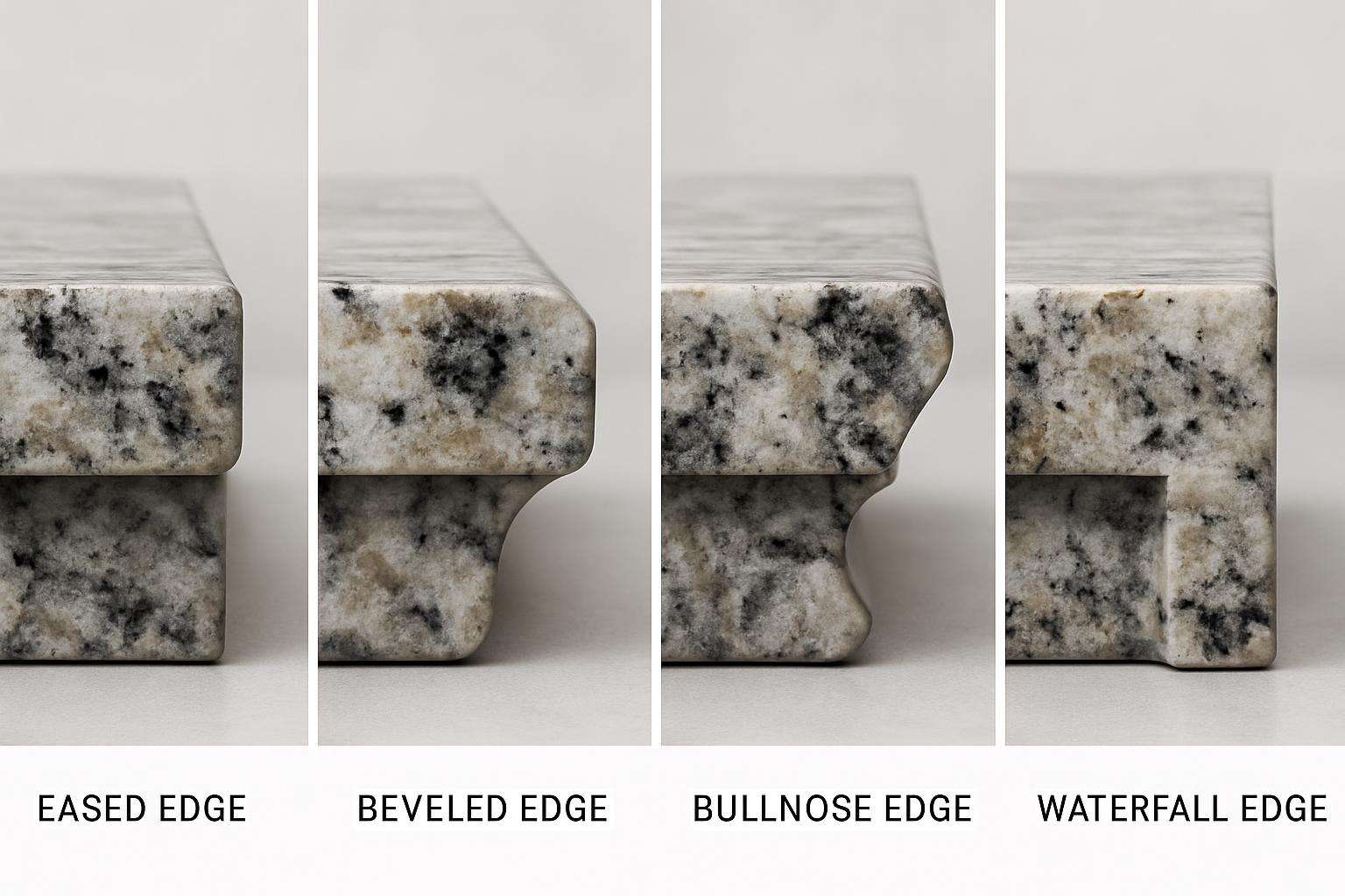 Various custom stone countertop edge profiles including eased, beveled, bullnose and ogee