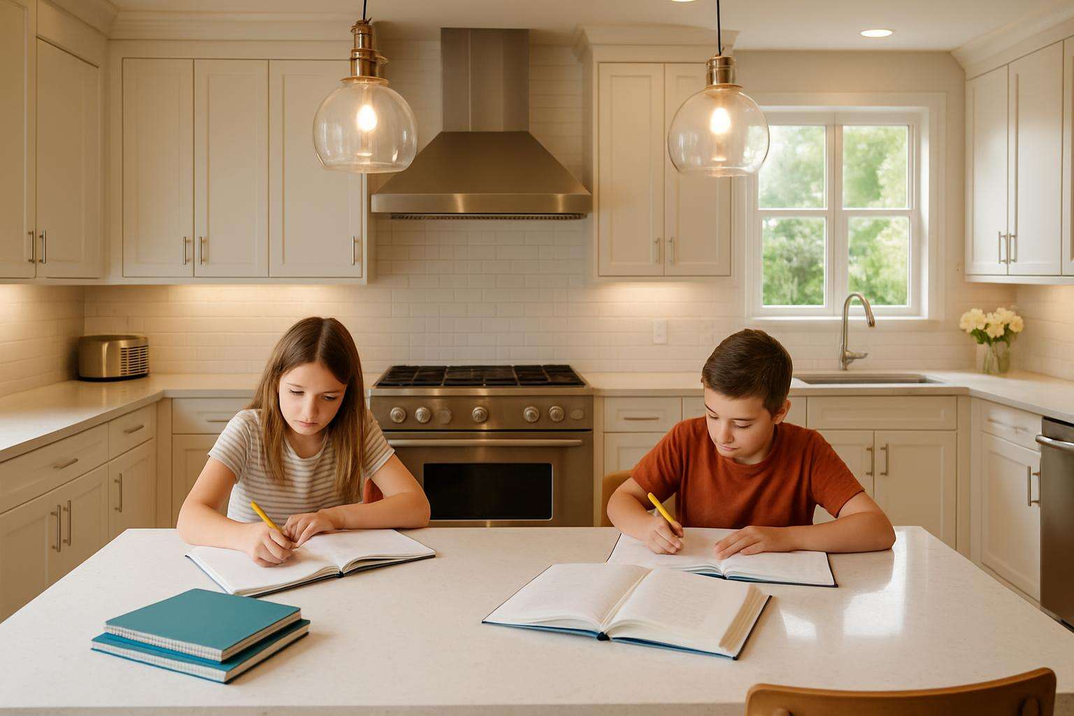 Family kitchen with white quartz countertops by Impact Countertops Columbus Ohio