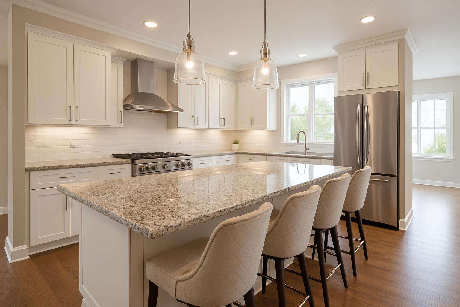 Kitchen island with granite countertop overhang for bar seating in Columbus Ohio