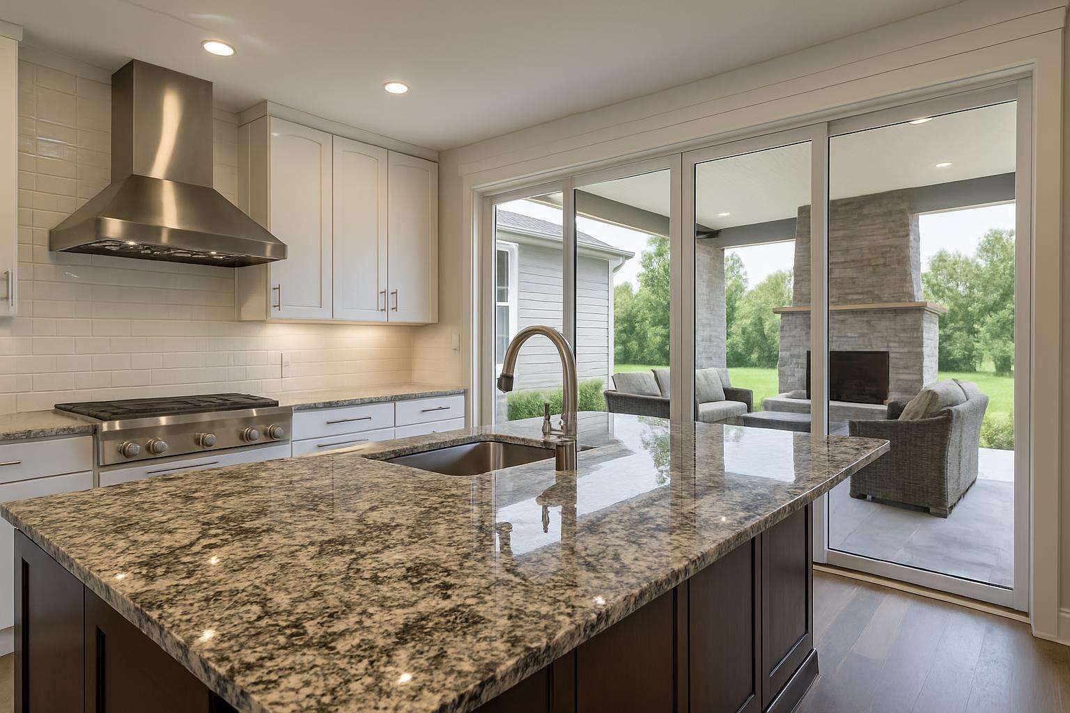 Granite outdoor kitchen countertops with built-in grill in a luxury backyard