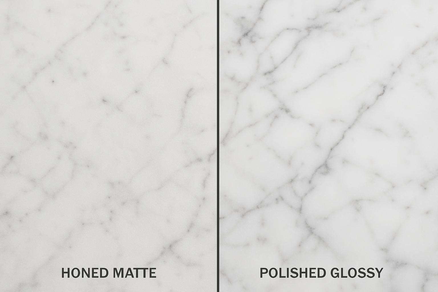 Comparison of honed matte and polished glossy marble countertop surface finishes