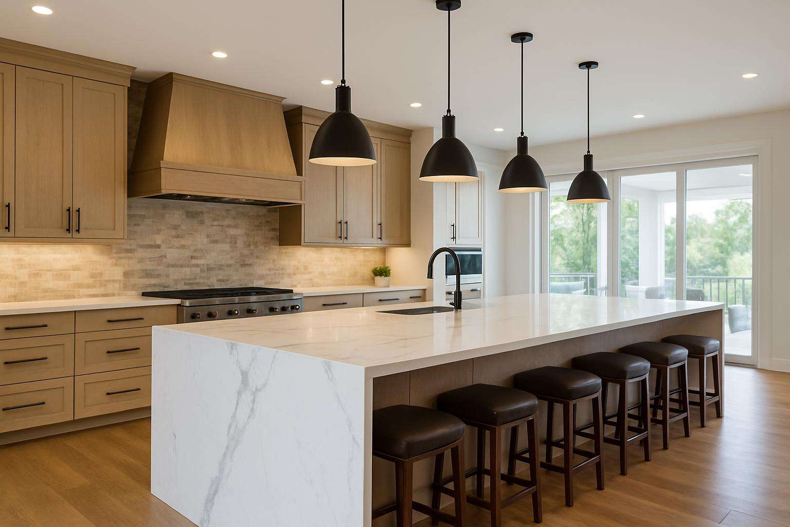 Luxury kitchen island with custom quartz countertop fabricated in Columbus Ohio