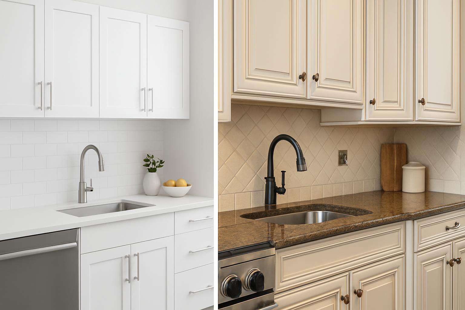 Kitchen design showing how different countertop edge profiles match different cabinet styles