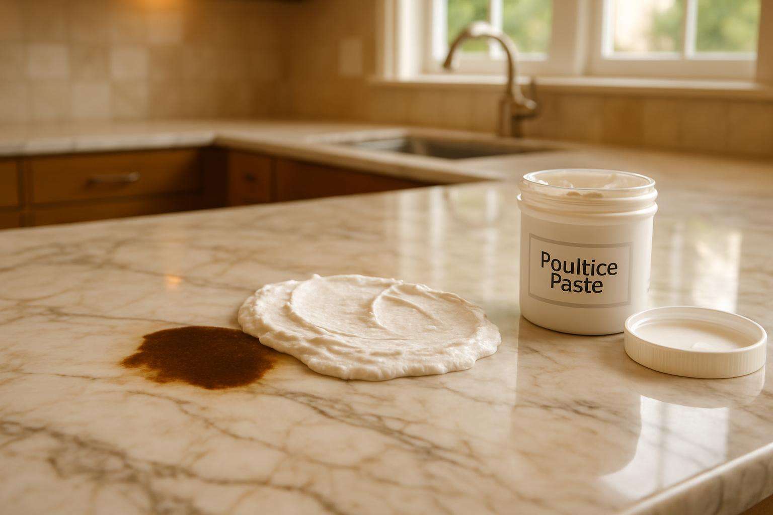 Poultice applied to a stone countertop to remove a deep stain