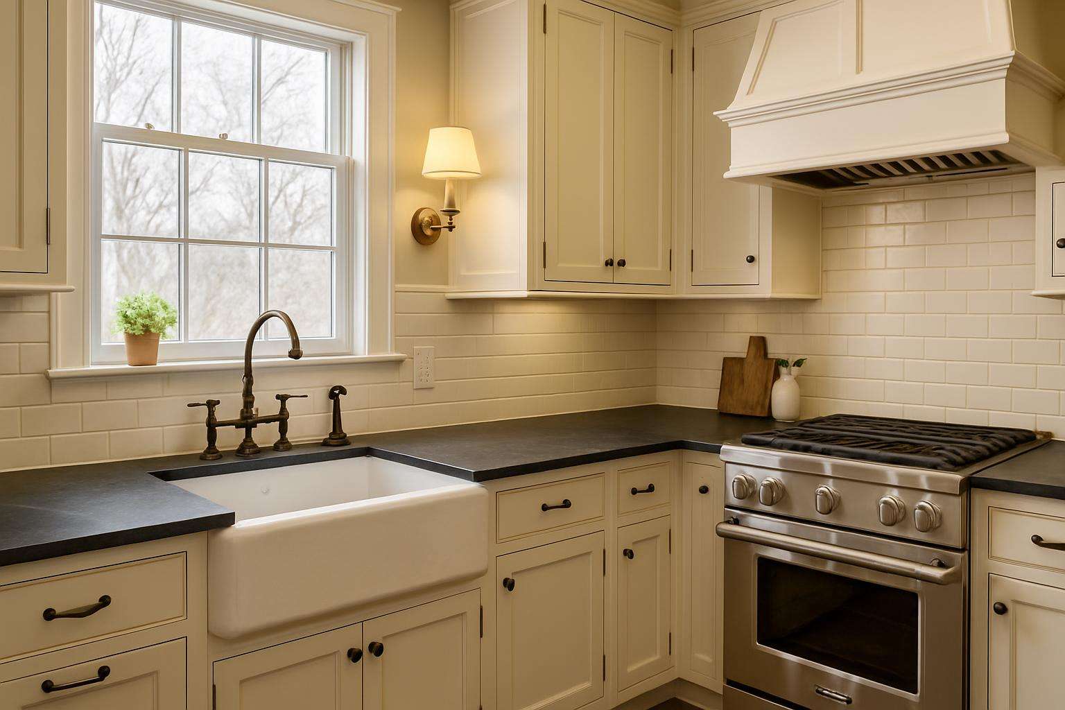 Elegant kitchen with dark soapstone countertops and natural matte finish Columbus Ohio
