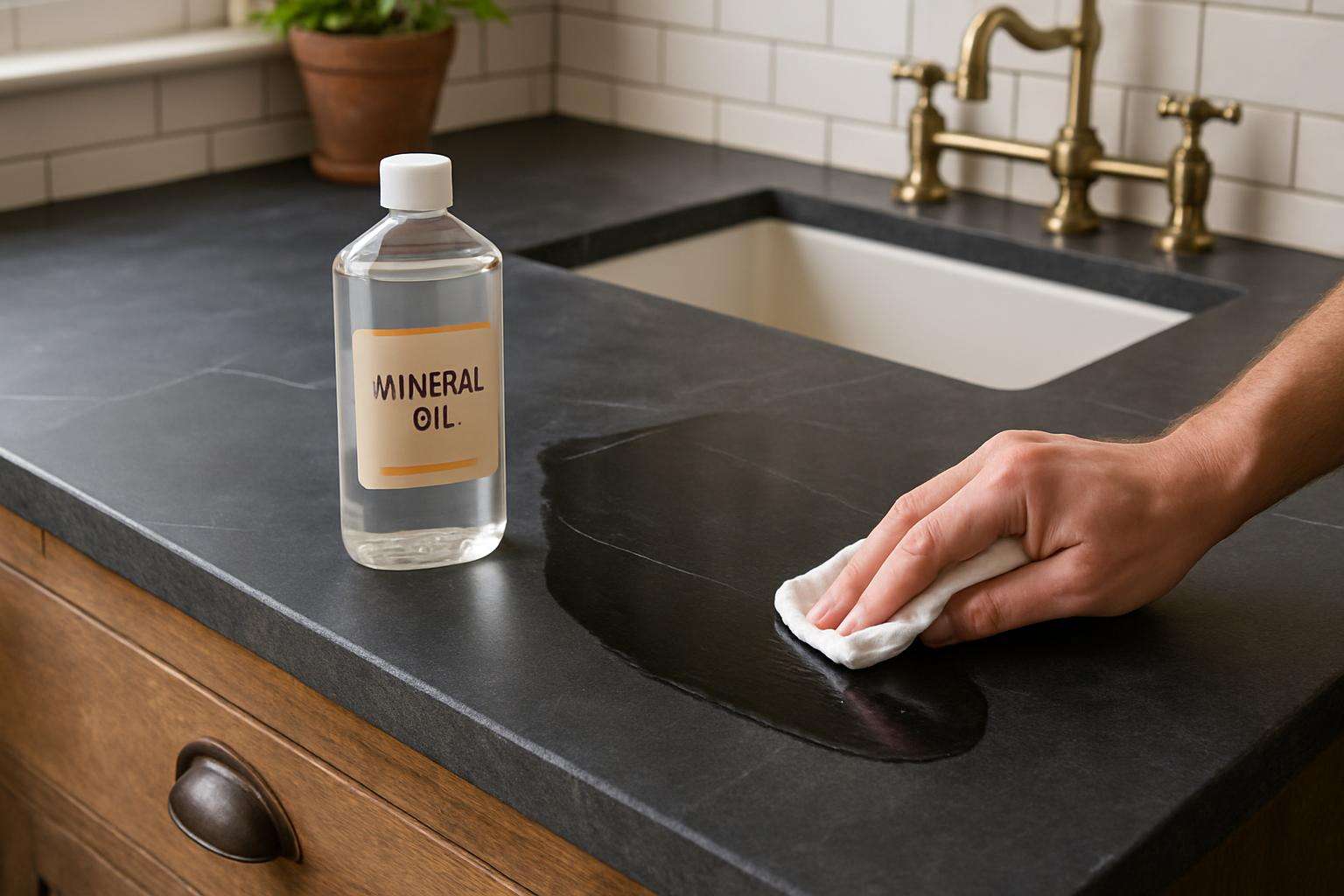 Dark gray soapstone kitchen countertop being treated with mineral oil