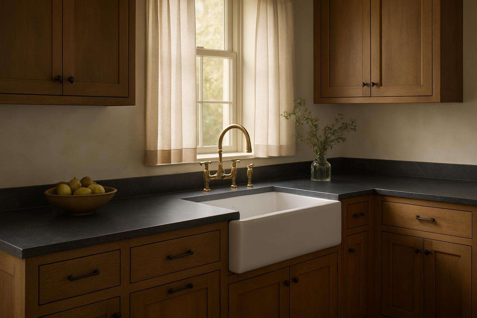 Dark charcoal soapstone countertop in kitchen with matte natural texture