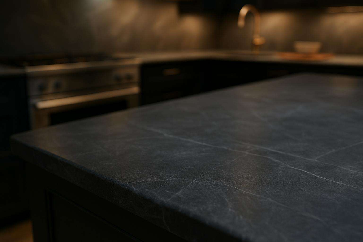 Dark charcoal soapstone countertop with distinctive matte texture in luxury Columbus kitchen