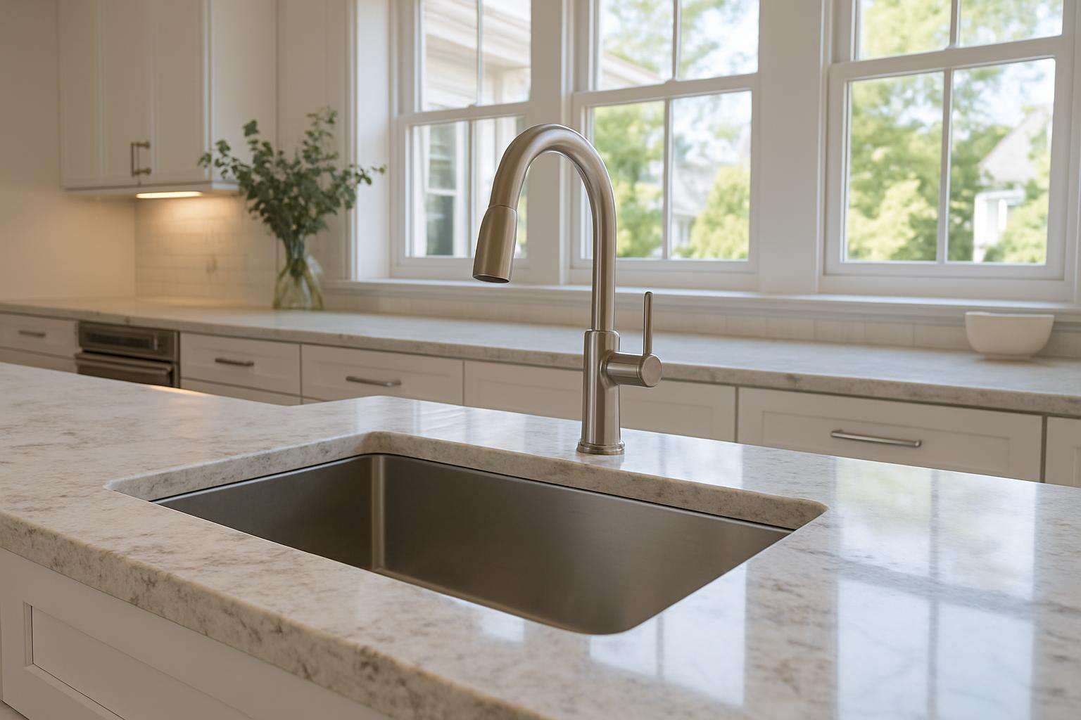 Undermount sink cutout in a white quartz countertop installed by Impact Countertops Columbus
