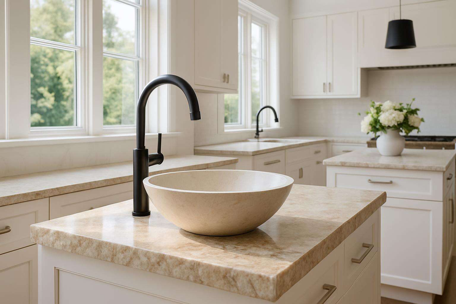Vessel bowl sink styles on a white marble countertop in a luxury bathroom